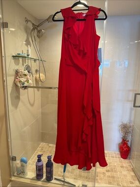 London Times Red Sleeveless Ruffle Maxi Dress